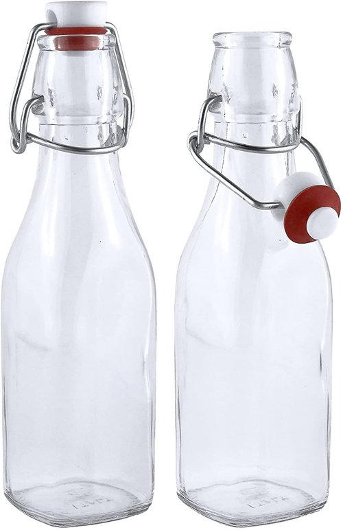 Estilo Swing Top Easy Cap Clear Glass Bottles with Caps, Round, 8.5 oz, Set of 6 - Standard Size, Flip Top Glass Bottles to Store Home Brews, Oils, Vinaigrettes, Wines, Beer, Teas - Syrup Bottles