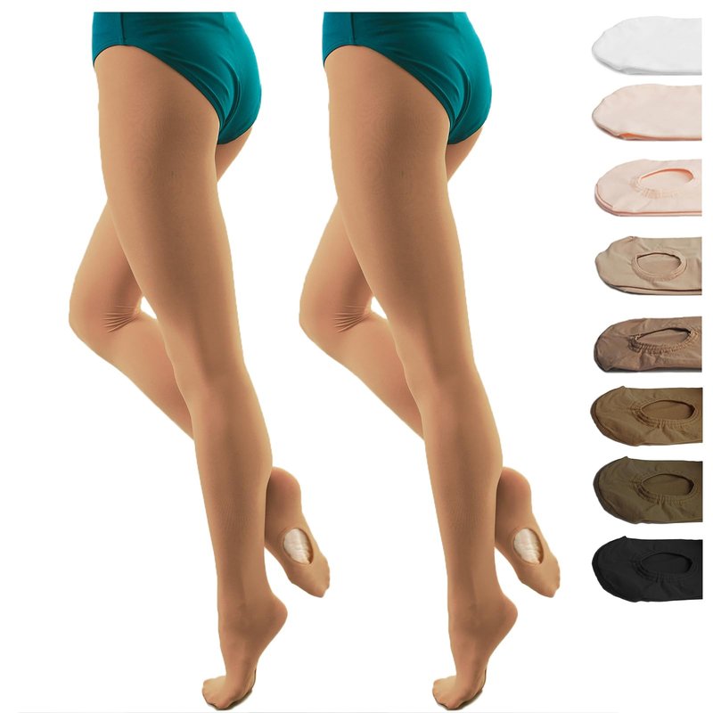 DANCEYOU Dance Tights for Women 2 Pairs Convertible/Footed Girls' Ballet Tights Opaque Leggings for Toddler, Kids and Adults, Tan S
