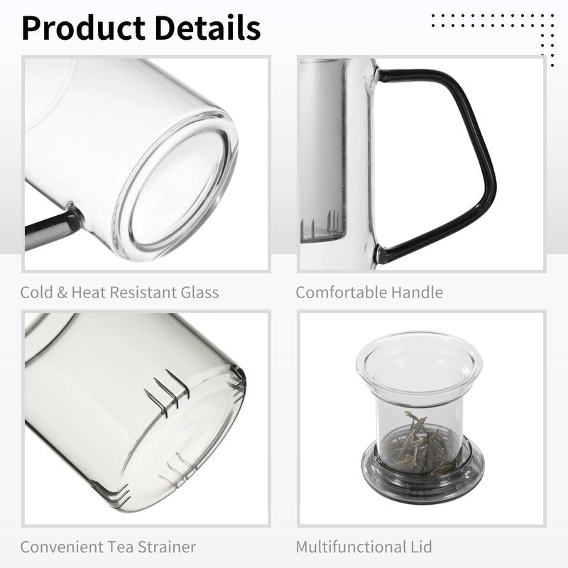 OMISTAR Tea Infuser Mug with Lid, 350 ml Glass Tea Cup with Infuser, Cold & Heat Resistant Glass Tea Cup with Handle, for Personal Tea Brewing at Office or Home
