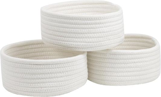 Small Woven Baskets Set by [Brand Name] - Cute Cotton Rope Organizers for Nursery & Bathroom | 3 Mini Baskets
