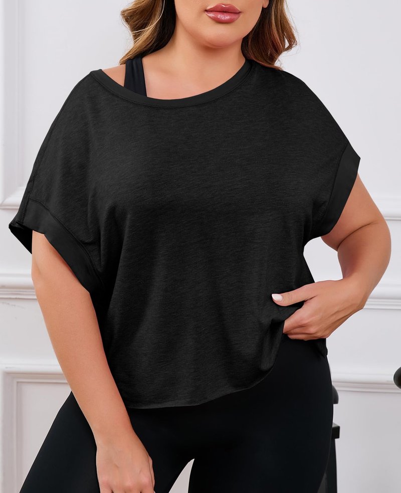 Fisoew Womens Plus Size Open Back Workout Tops Backless Short Sleeve Athletic Shirt Running Crop Top Gym Yoga T-Shirt Black