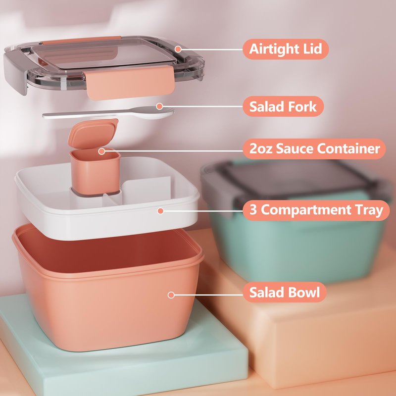 Cherrysea Salad Lunch Container, 68oz Salad Bowls with 4 Compartments Tray,Leak Proof Lunch Box with Fork for Men,Women BPA-Free Snack Container with Sauce Container for Dressings-Grey
