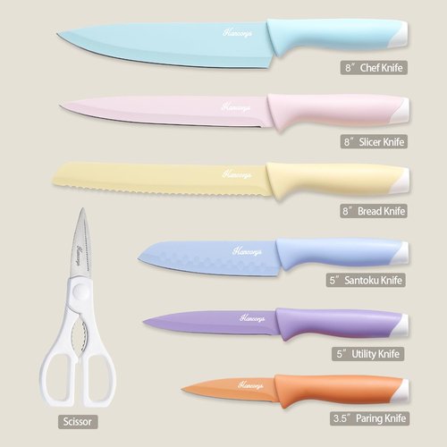 Hancorys Knife Set, 13 PCS Kitchen Knives Set with Nonstick Ceramic Anti-Rust Coating, Stainless Steel Chef Knife Sets with 6 Blade Guards, Dishwasher Safe, House Warming Gifts New Home
