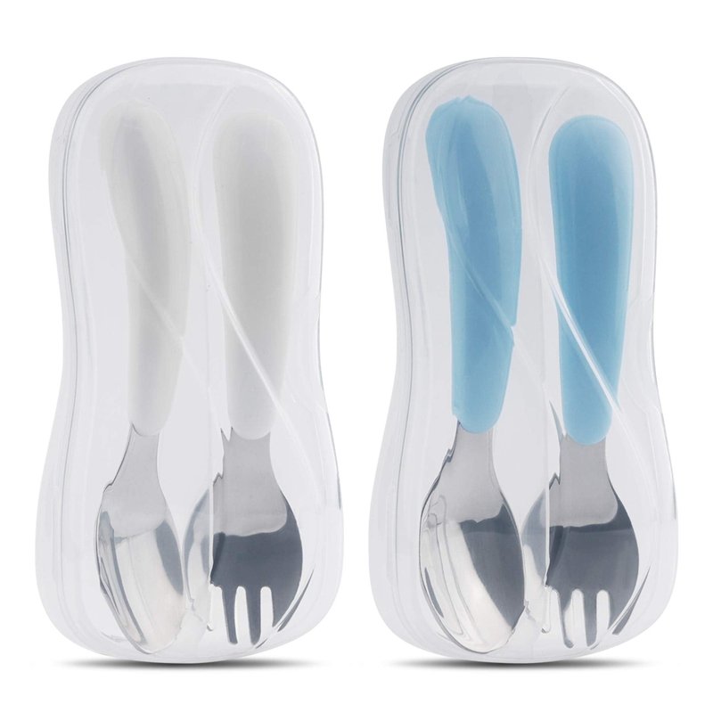 Kirecoo 2 Set Toddler Utensils, Toddler Forks and Spoons, Stainless Steel kids Silverware Set, Designed for Self Feeding Flatware Utensils with Travel Carrying Cases BPA Free (White & Aqua)