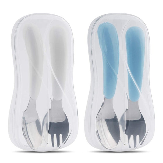 Kirecoo 2 Set Toddler Utensils, Toddler Forks and Spoons, Stainless Steel kids Silverware Set, Designed for Self Feeding Flatware Utensils with Travel Carrying Cases BPA Free (White & Aqua)