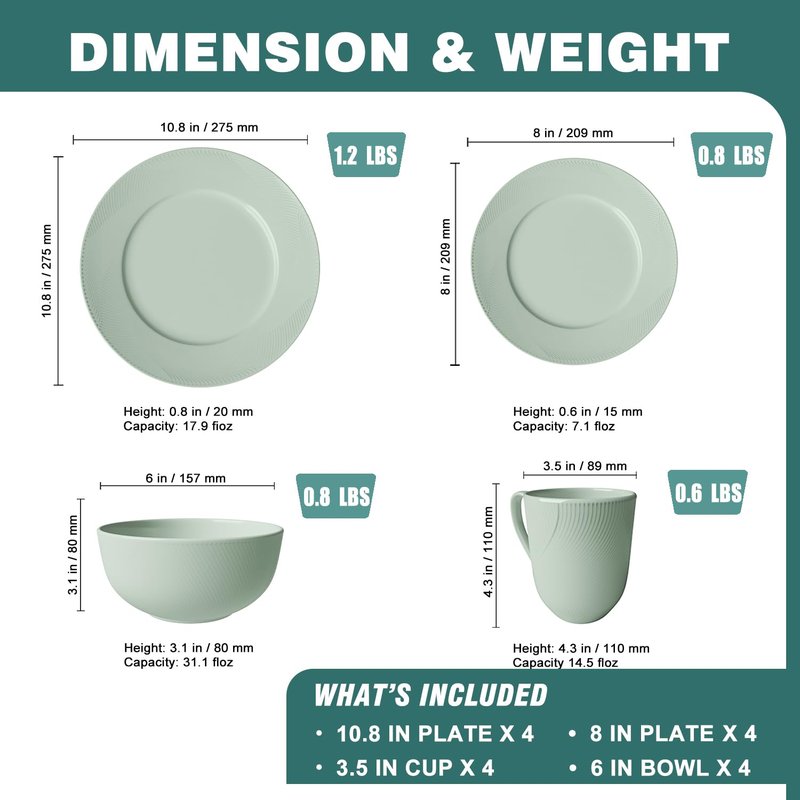 Yoshy 12-Piece White Bone China Dinnerware with Lightweight Durable Chip Resistant Design Service for 4 (16 Piece - Service for 4, Willowmist)