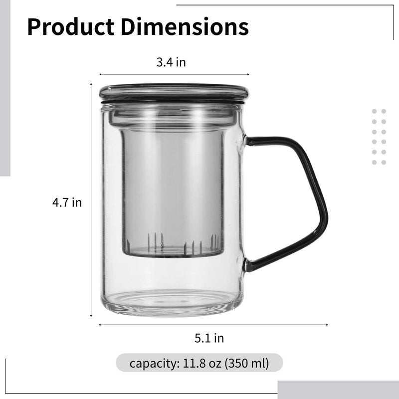 OMISTAR Tea Infuser Mug with Lid, 350 ml Glass Tea Cup with Infuser, Cold & Heat Resistant Glass Tea Cup with Handle, for Personal Tea Brewing at Office or Home