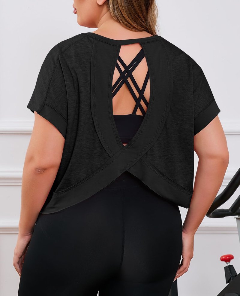 Fisoew Womens Plus Size Open Back Workout Tops Backless Short Sleeve Athletic Shirt Running Crop Top Gym Yoga T-Shirt Black