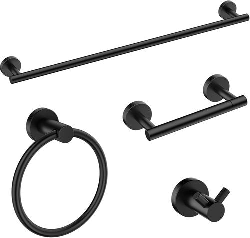 FORIOUS Stainless Steel Bathroom Hardware Set - Modern Towel Bar & Toilet Paper Holder | 4-Piece Matte Black (24" Bar)