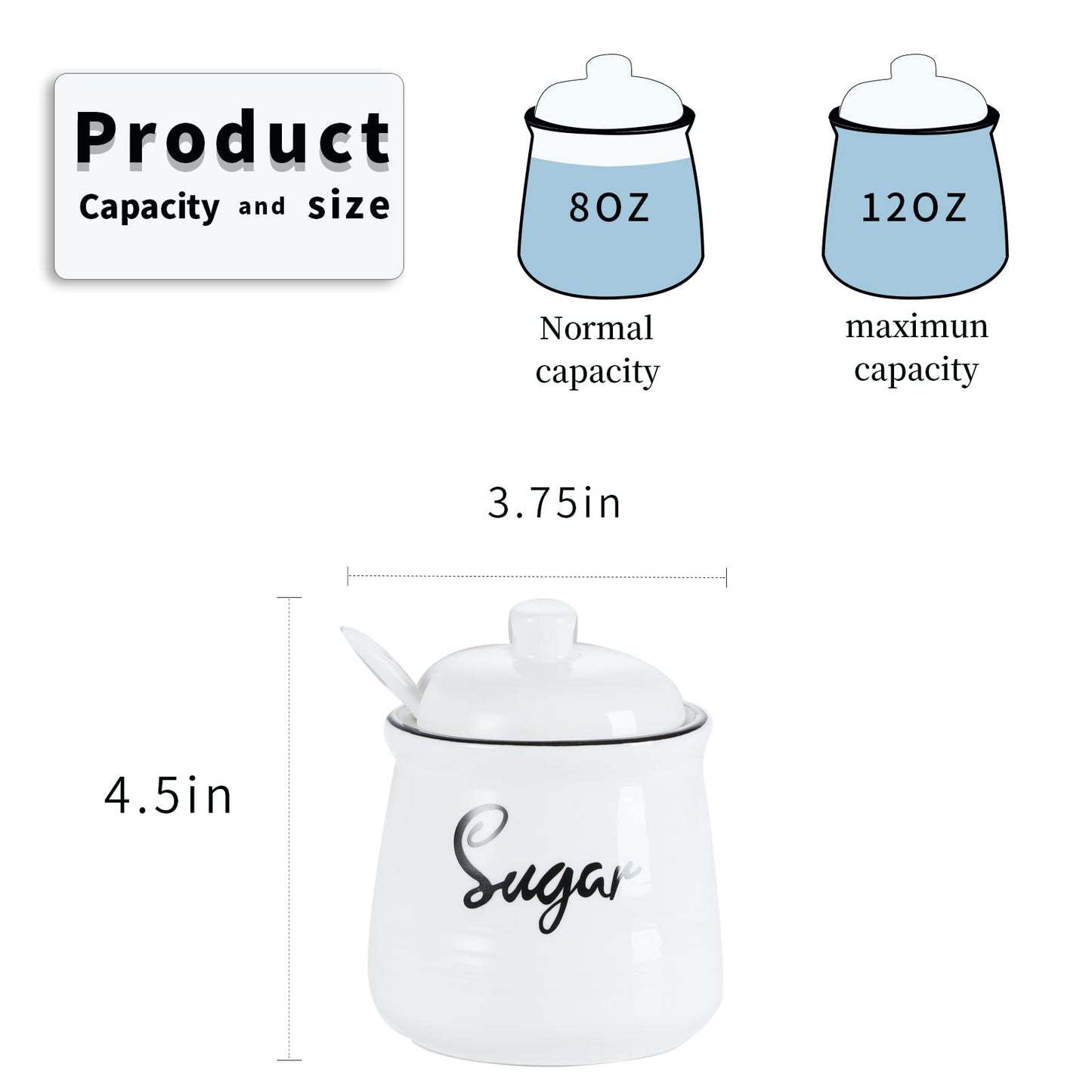 HAOTOP Farmhouse Porcelain Sugar Bowl with Lid and Spoon 12oz,Easy to Clean (White)