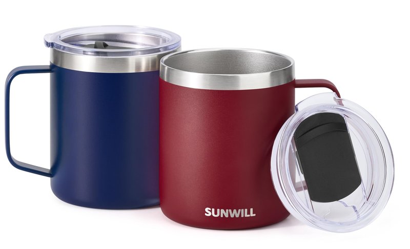 SUNWILL Travel Coffee Mug Set of 2, Insulated Tumbler with Lid, 14 oz Stainless Steel Cup with Handle for Camping, Office, Home, Powder Coated Navy Blue & Wine Red