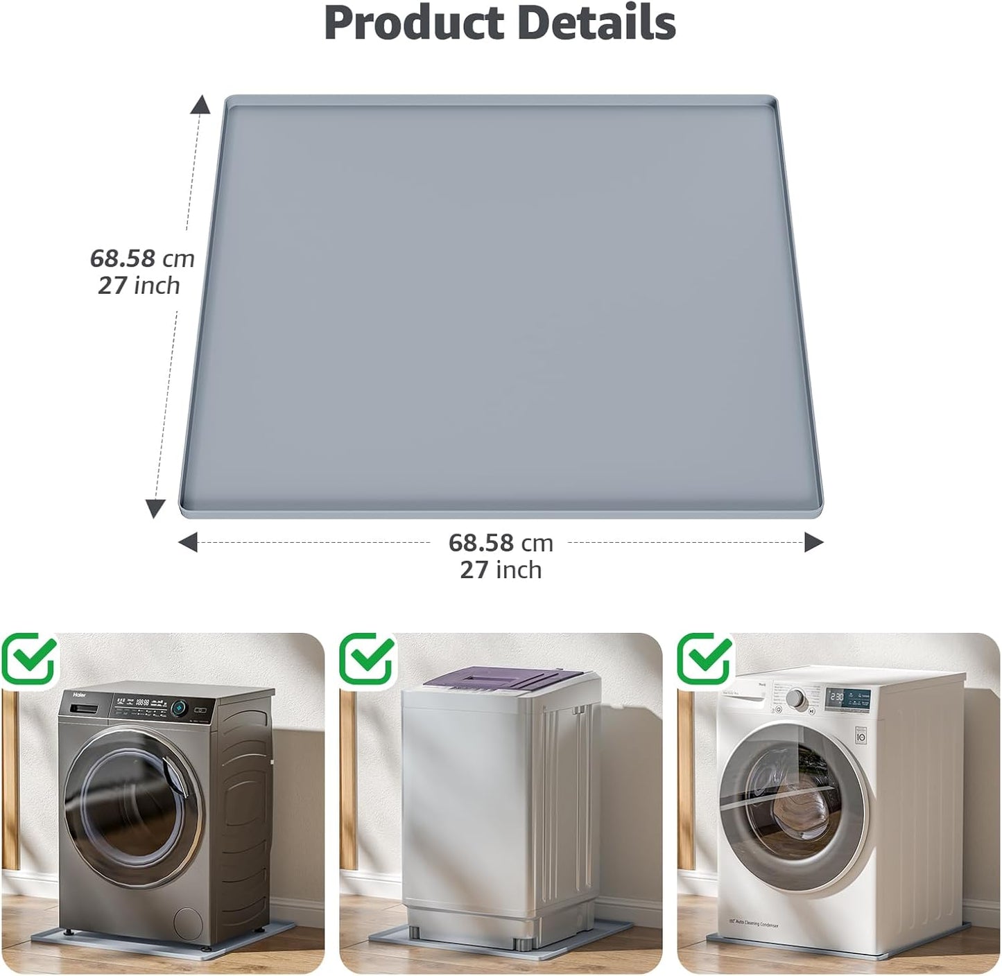 Skiennix Washing Machine Drain Pan - Waterproof Silicone Mat with 0.78'' Raised Edges | 27''x27'' Gray