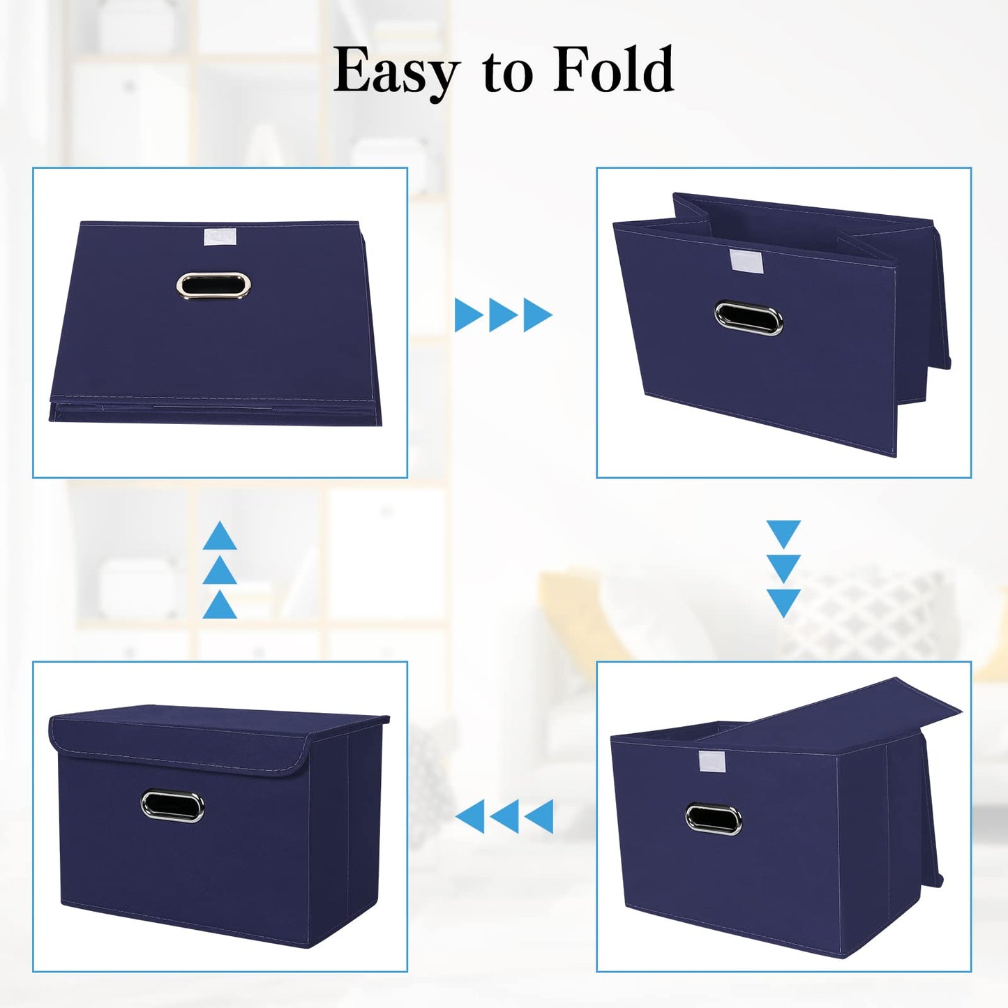 STOREONE Fabric Storage Cube Bins Foldable Organizer Container Collapsible Basket with Lids and Metal Handles, for Home, Bedroom, Closet 8 Pcs (Navy Blue)
