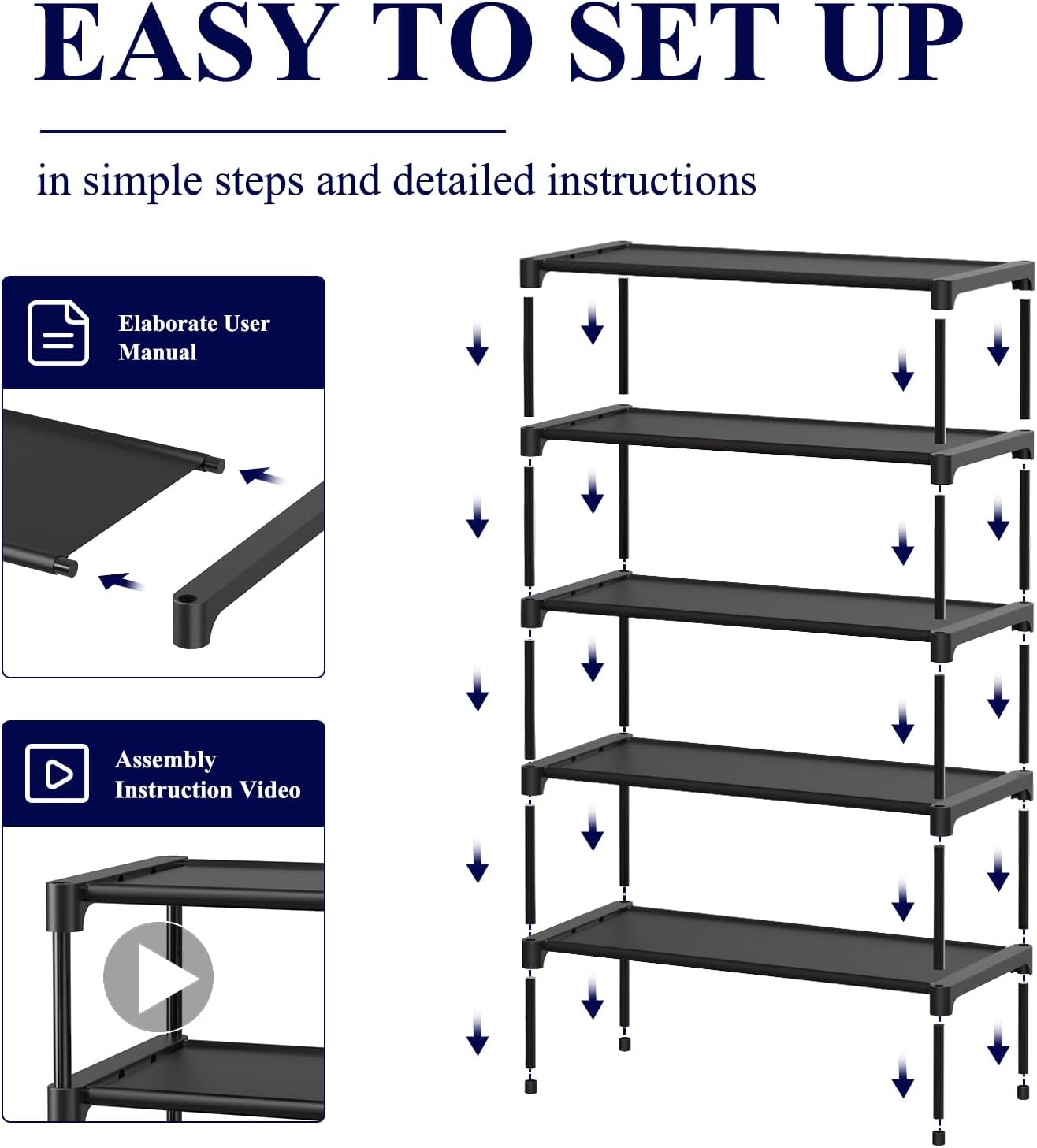 Kitsure Shoe Rack - Stackable Non-Woven Shoe Organizer for Closet & Entryway | 5-Tier, 27.5" Wide, Black (Pack of 2)
