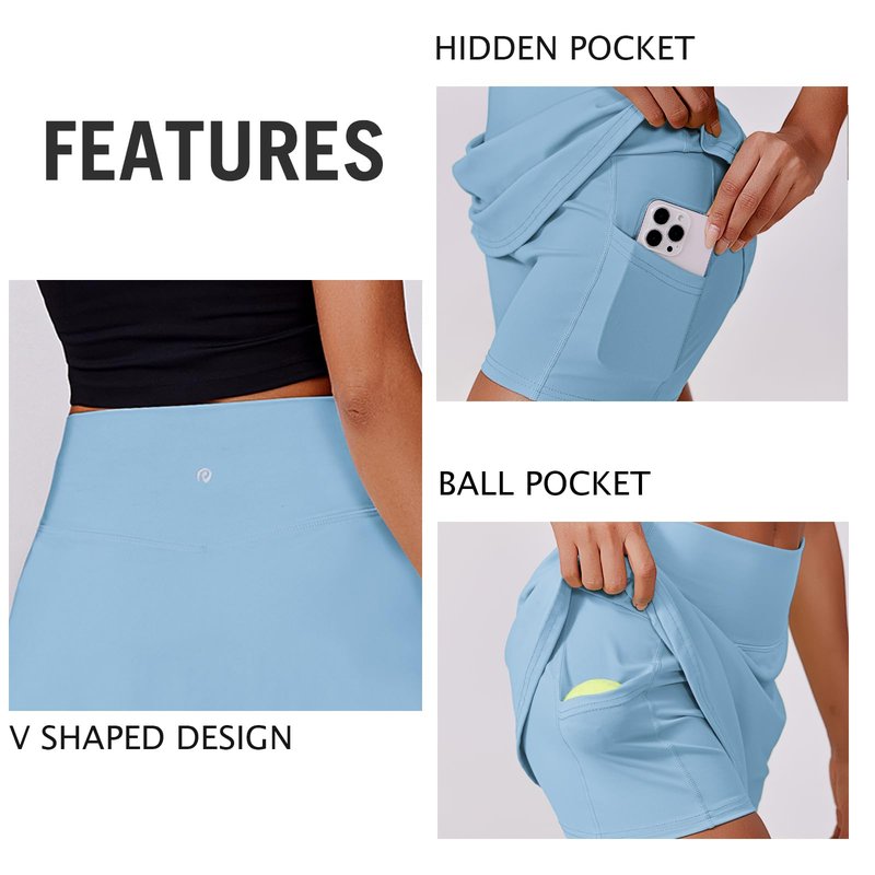 PINSPARK Womens Athletic Skirt High Waisted Mini Tennis Skorts with Pockets Solid Running Skirt Golf Workout Skater, Light Blue XL