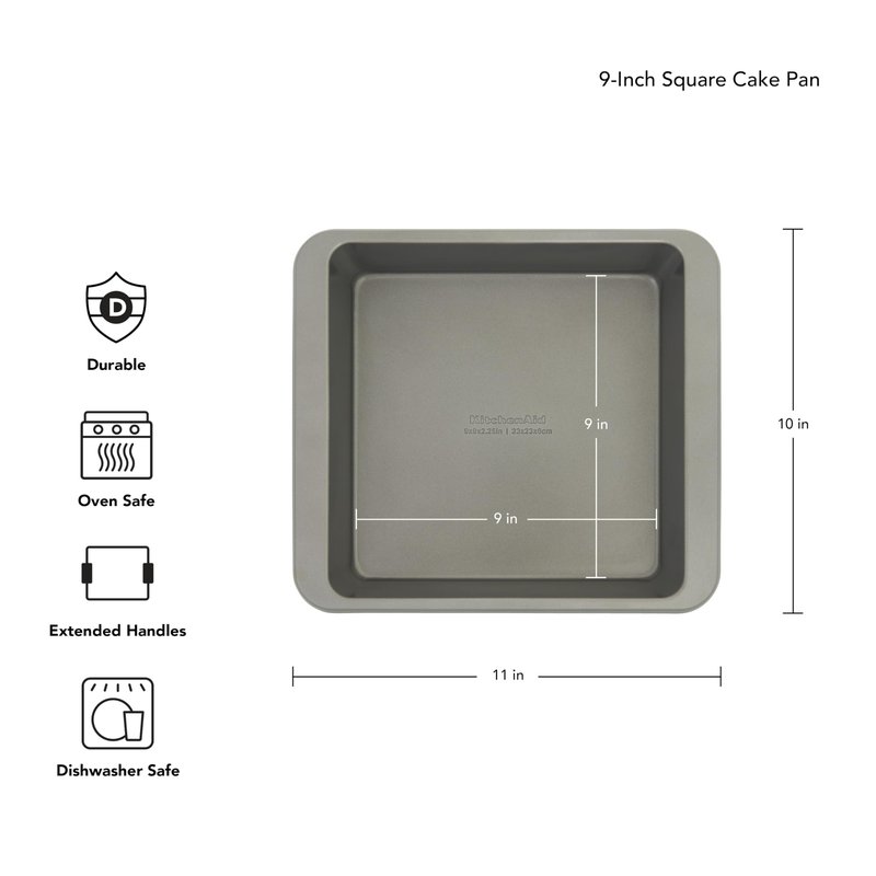KitchenAid Nonstick Swiss Engineered Aluminized Steel Square Cake Pan, Dishwasher Safe, Contour Silver, 9 Inch