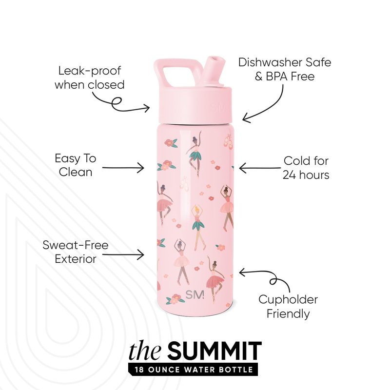 Simple Modern Kids Summit Water Bottle with Straw Lid | 18oz Stainless Steel Cup Insulated Tumbler for Toddlers, School | Pink Ballerina