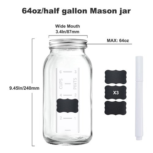 FyndraX 64 OZ Wide Mouth Mason Jar with Lid, Clear Heavy Duty Glass Airtight Storage Canning Jar and Band Half Gallon / 2 Quart Fermenting, Pickling, Storing, Pack of 1