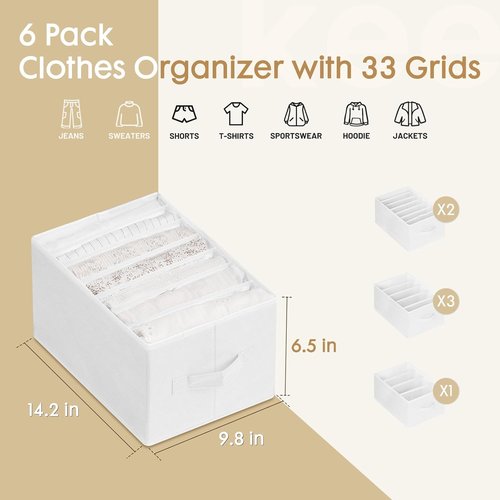 Criusia Large Clothes Organizer - 6 Pack Foldable Fabric Storage with Handles for Wardrobe | White