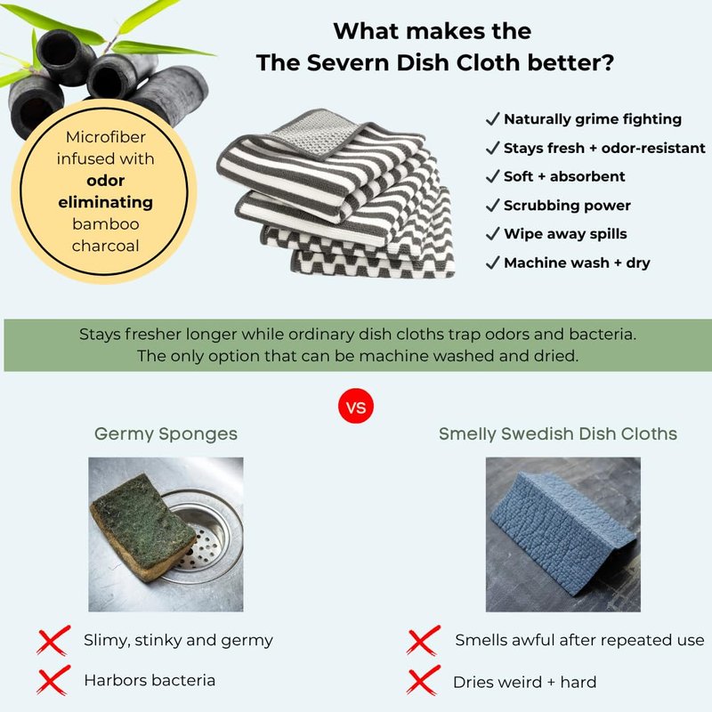 Severn Dish Cloths for Washing Dishes 4pk. Odor-Resistant Dish Rags with Non-Scratch Wire Scrubber Side for Kitchen Cleaning. Grime-Fighting Bamboo-Charcoal Microfiber 2-Sided Dishrags. Machine Wash
