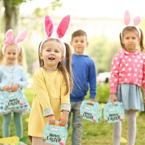 Easter Treat Boxes, Pack of 12 Easter Bunny Boxes for Candy, Cookies and Party Favors, Cute Cardboard Boxes with Handles for Wedding Candy, Birthday Favors, Holiday Goodies