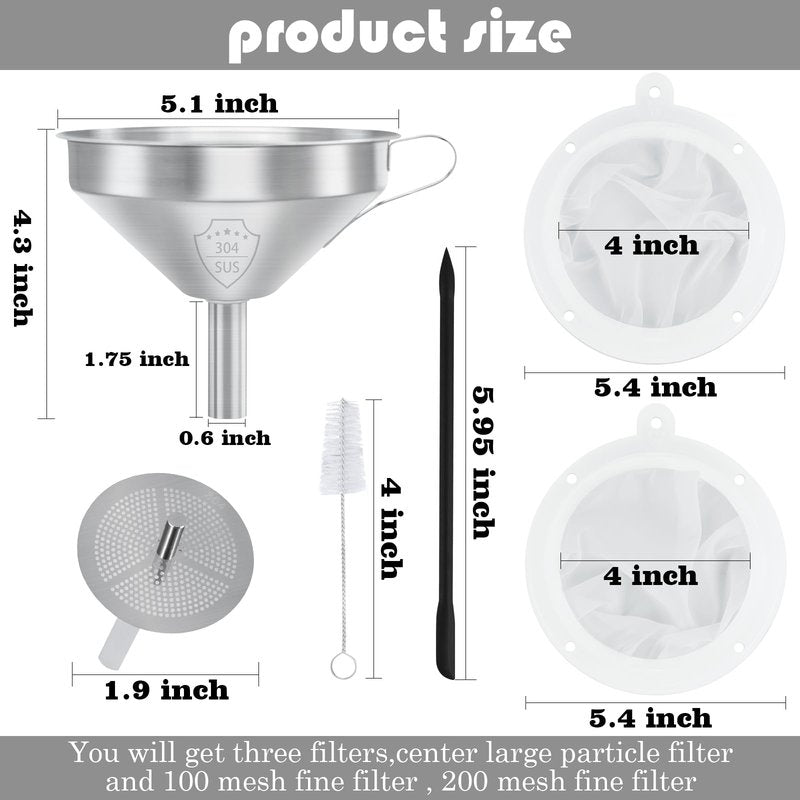 WMKGG 304 Stainless Steel Funnel, 5 Inch Funnels for Kitchen Use Filling Bottles, with 200 Mesh and 100 Mesh Fine Mesh Strainer, for Oils, Juice, Wine, Coffee, Milk, Tea, Powder