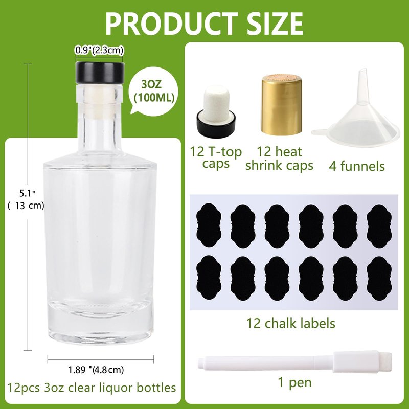 BPFY 12 Pack 3 oz Glass Liquor Bottles with T-Top Black Caps and Heat Shrink Capsules, Empty Mini Vodka Bottles, Travel Shots Bottle for Wine, Alcohol, Whiskey, Beverages