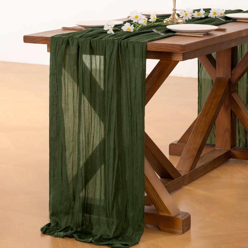 Socomi 3pcs Olive Green Summer Cheesecloth Table Runner Boho Rustic Gauze 120 inch 10FT Cheese Cloth Sheer Runner for Wedding Party Baby Shower Birthday Home Decor