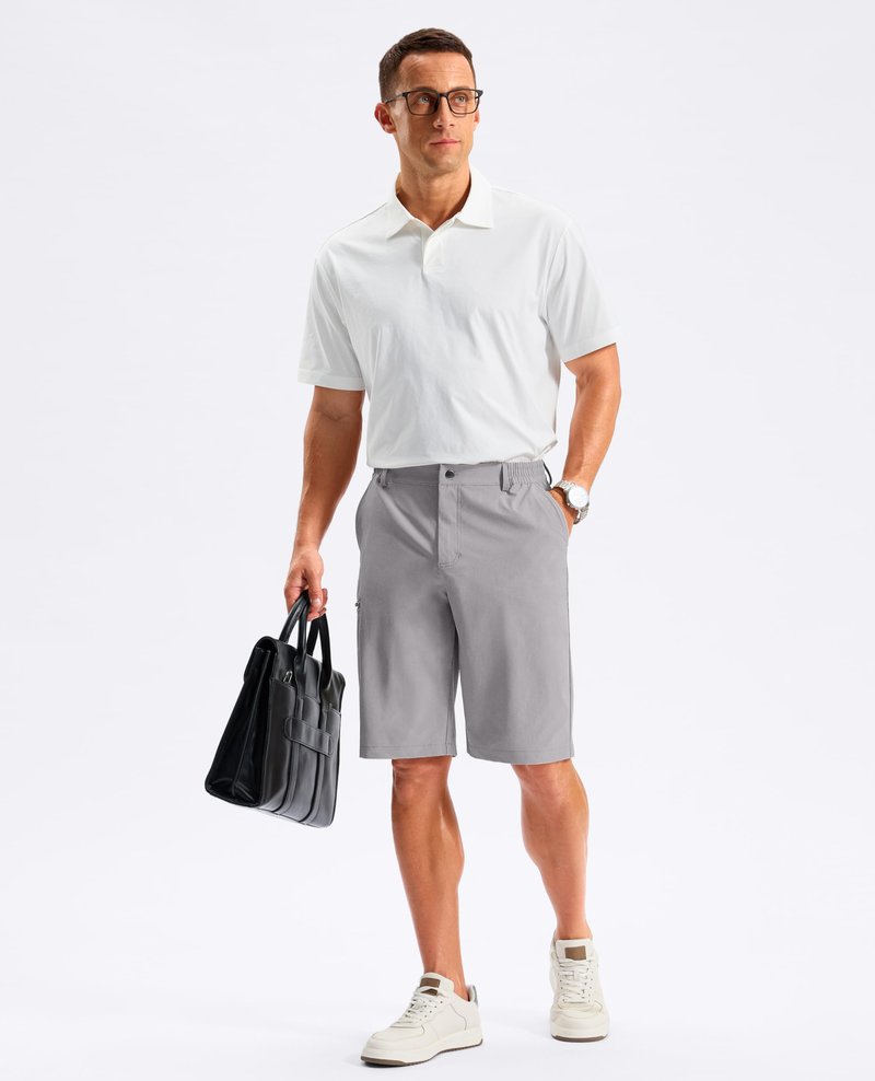 G Gradual Men's Golf Shorts 11" Long with 4 Pockets Lightweight Knee Length Elastic Waist Quick Dry Casual Dress Work Shorts (Light Grey, L)