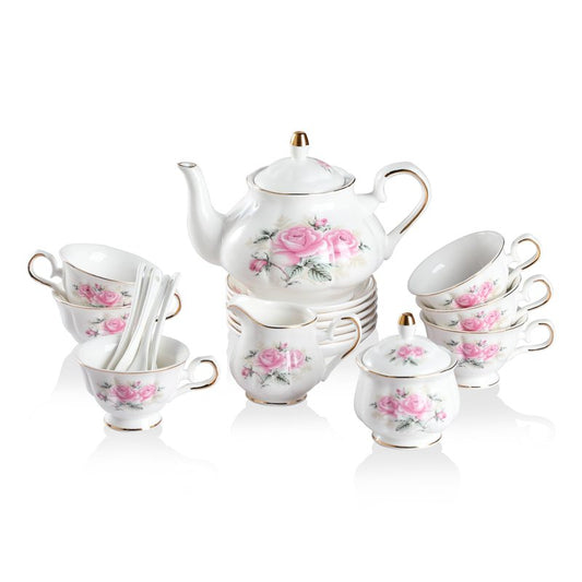 Sweejar Porcelain Tea Set Vintage Floral, British Relief Gold Rim Teapot Cup and Saucer Sets, 22-Piece Tea Sets for Adults, with Teapot, Sugar Bowl, Milk Jug, Spoons, Cup and Saucer (Pink Flower)