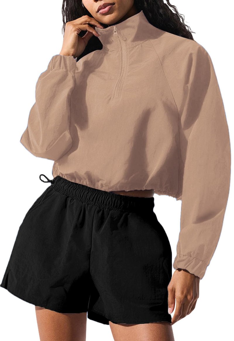 INFITTY Women's Workout Jacket Lightweight Zip Up Yoga Jacket Cropped Athletic Casual Loose Pullover Tops Cream Coffee L