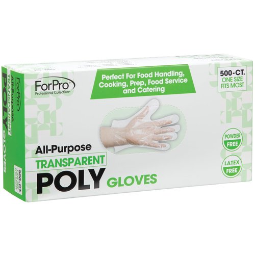 ForPro Disposable Poly Gloves, Food Grade, BPA-Free, Latex-Free, Powder-Free, Lightweight Plastic Gloves for Cooking, Food Prep, Food Service, One Size Fits Most, Clear, 500-Count