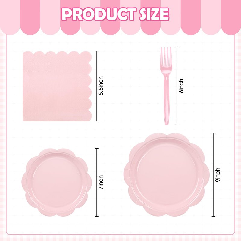 Houuqe 96 Pcs Pink Paper Plates and Napkins Set Party Supplies, Tableware set for 24 Guest include Disposable Pink Scalloped Plates, Napkins and Forks for Baby Shower Bridal Shower Wedding Birthday