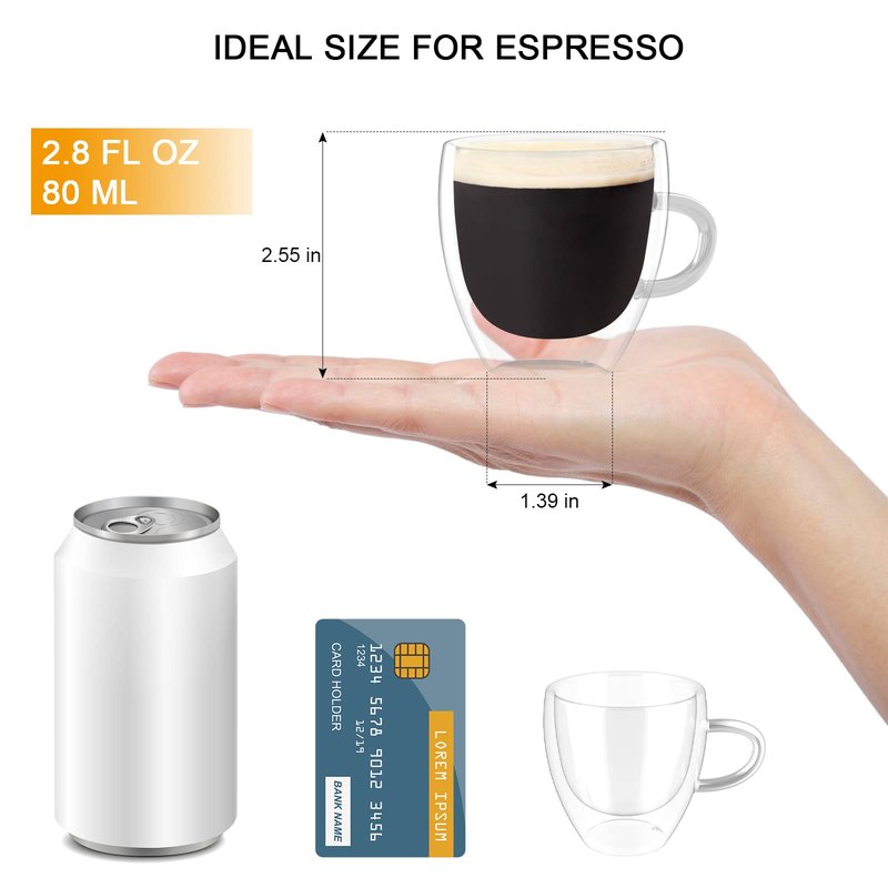 ONEDONE Espresso Cups Set of 4-2.8 OZ Double Walled Glass Hand Blown Espresso Shots Glass Thermo Insulated Expresso Coffee Mugs with Handle Small Demitasse Cups for Espresso Machine
