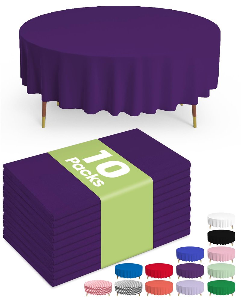 Pureegg Plastic Table Cloth Disposable 10 Pack, 84'' Round Table Cloths, Halloween Party Decorations, Summerween Decor, Halloween Tablecloths, Round, Plastic Cover, Leakproof & Sturdy, Purple
