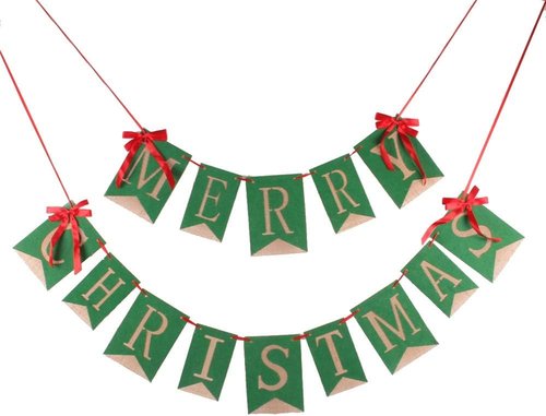 GOER Merry Christmas Burlap Banner - Festive Garlands with Ribbon Bows for Holiday Decor | Green