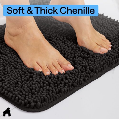 GORILLA GRIP Bath Rug Mat - Thick Soft Absorbent Chenille | Quick-Dry Microfiber, 24x17, Black