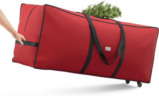 SONGMICS Christmas Tree Storage Bag - Rolling Design with Wheels, Adjustable Handles, 7.5 ft Capacity, Cherry Red