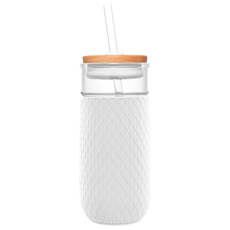 Ello Devon 18oz Glass Tumbler with Straw, Friction Fit Bamboo Wood Lid and Silicone Sleeve | Perfect for Iced Coffee, Tea, and Smoothies | White