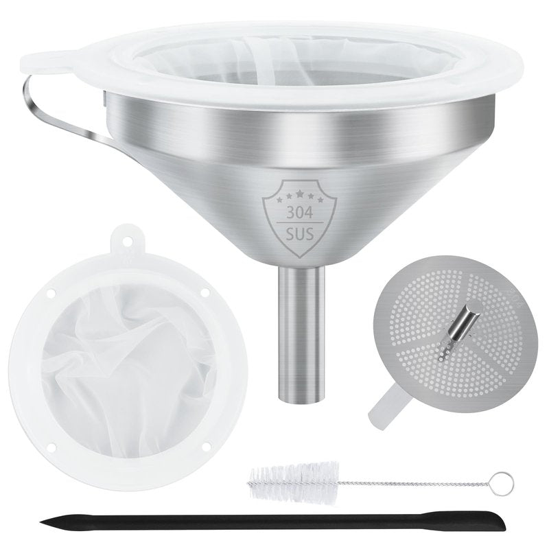 WMKGG 304 Stainless Steel Funnel, 5 Inch Funnels for Kitchen Use Filling Bottles, with 200 Mesh and 100 Mesh Fine Mesh Strainer, for Oils, Juice, Wine, Coffee, Milk, Tea, Powder
