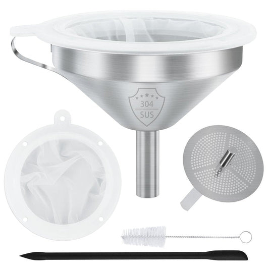 WMKGG 304 Stainless Steel Funnel, 5 Inch Funnels for Kitchen Use Filling Bottles, with 200 Mesh and 100 Mesh Fine Mesh Strainer, for Oils, Juice, Wine, Coffee, Milk, Tea, Powder