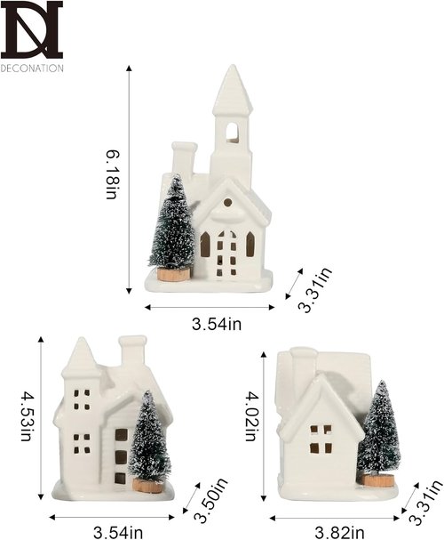 DN DECONATION Christmas Village Houses Set - 3 Ceramic Porcelain Decor with Frosted Trees | White Holiday Figurines