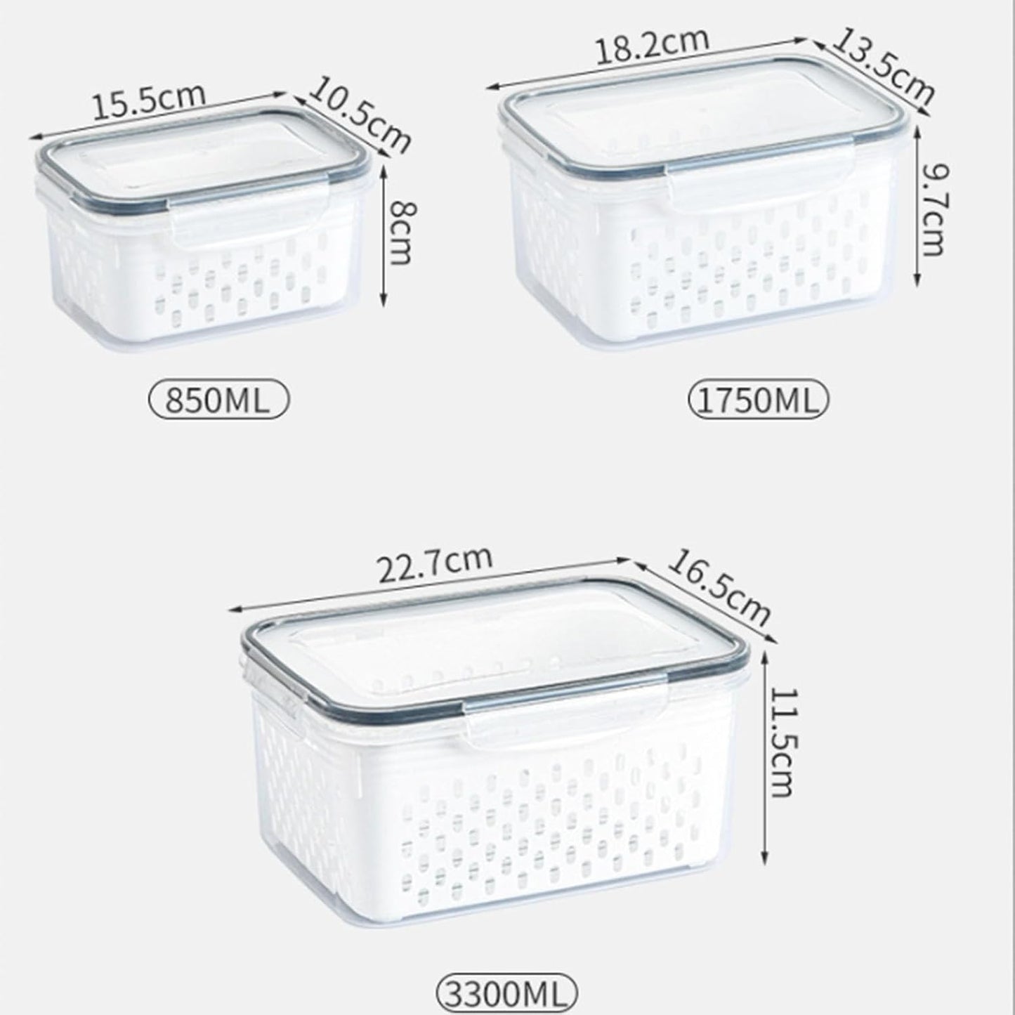 Skiennix Food Storage Containers - 4-in-1 Multipurpose with Removable Colander | Transparent Plastic (Gray, M+L)