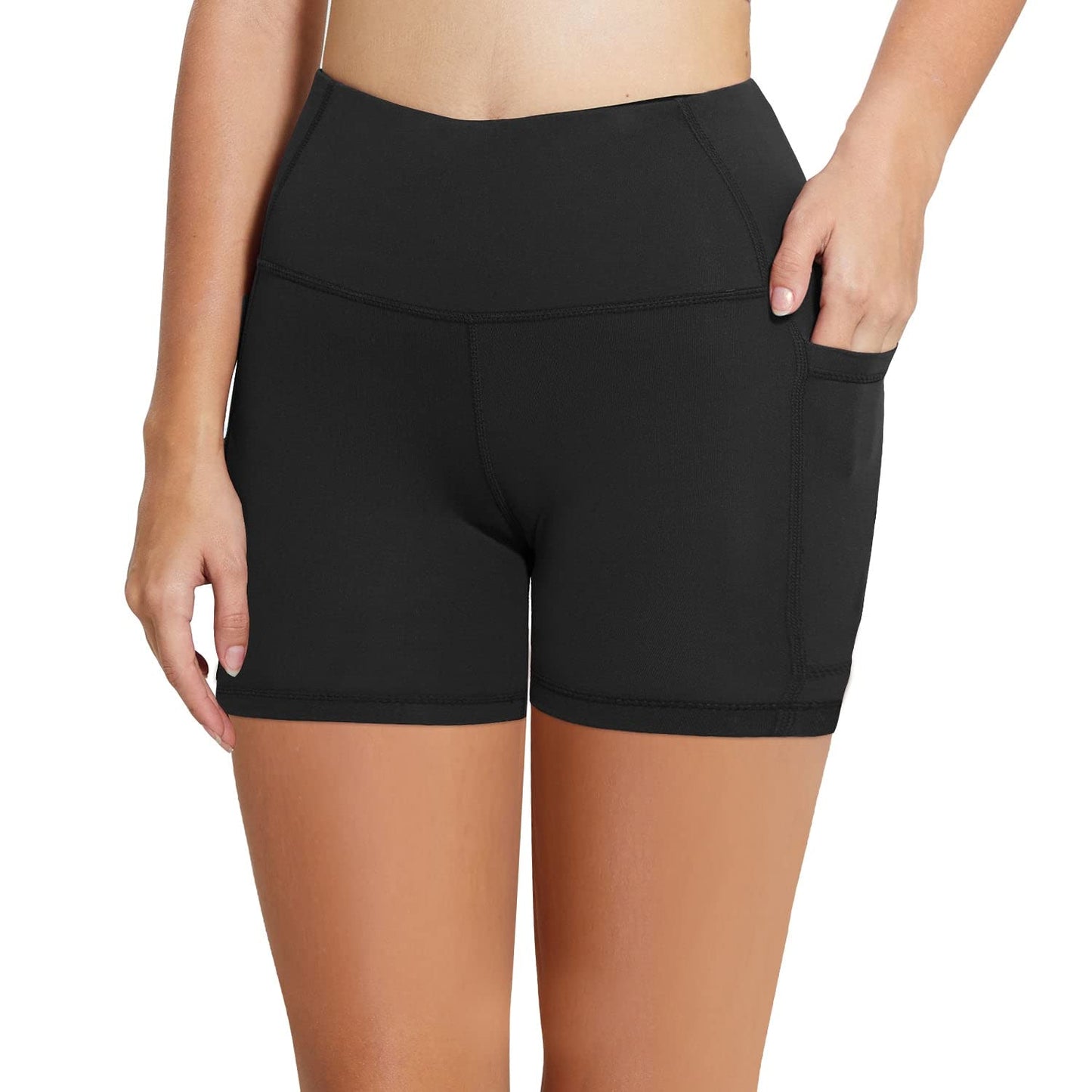 baleaf Biker Shorts for Women 5" Workout Yoga Gym Spandex Running Volleyball Compression Tummy Control Short with Pockets Black L