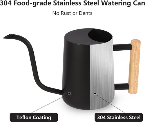 GUKJOB Metal Watering Can - 35oz Stainless Steel with Long Curved Spout for Indoor & Outdoor Plants | Black