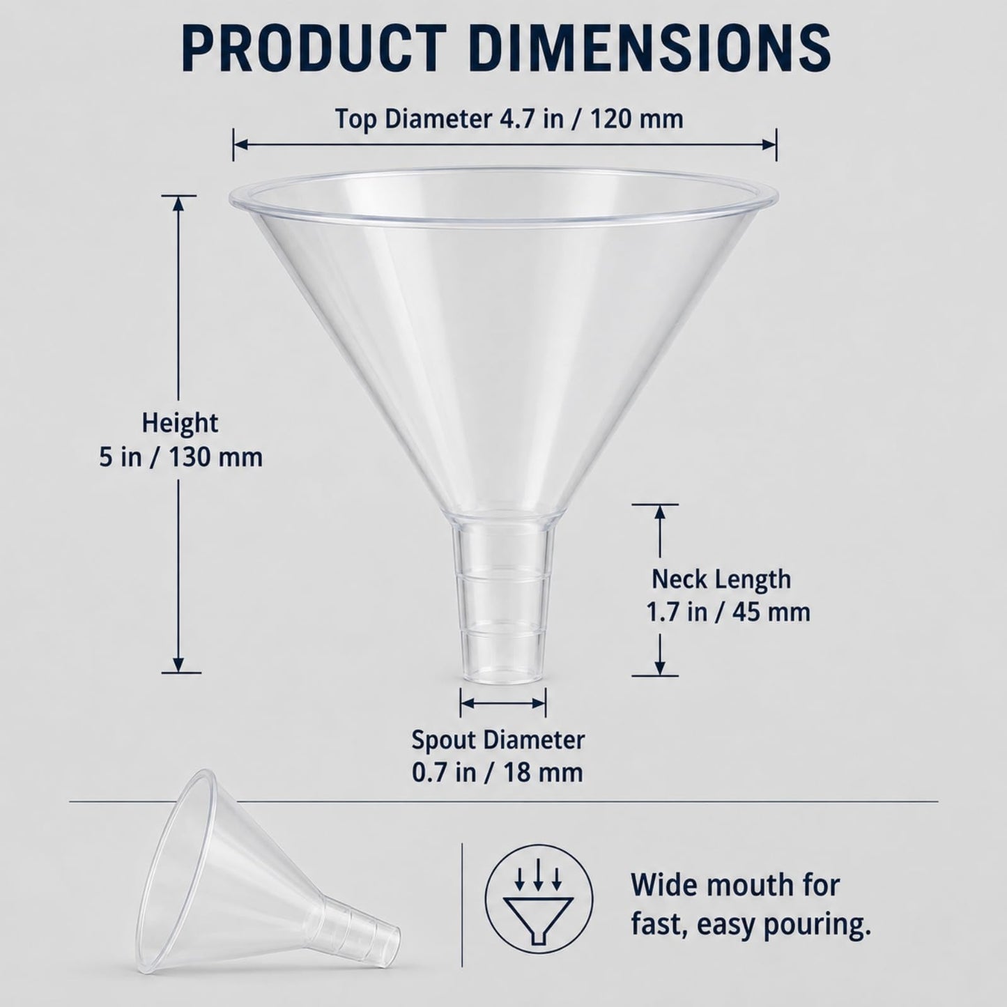 RHBLME 20 PCS Plastic Funnels Set, 4.7 Inch Wide Mouth Clear Plastic Funnels for Filling Bottles, Multipurpose Large Funnel with Long Reaching Spout, Water Bottle Funnel for Powder Liquid Spices