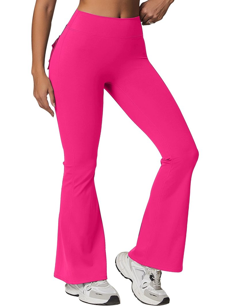 Rugkey Women High Waisted Flare Leggings with Pockets Tummy Control Compression Yoga Pants Scrunch Butt Lifting Workout Tights Rose-L