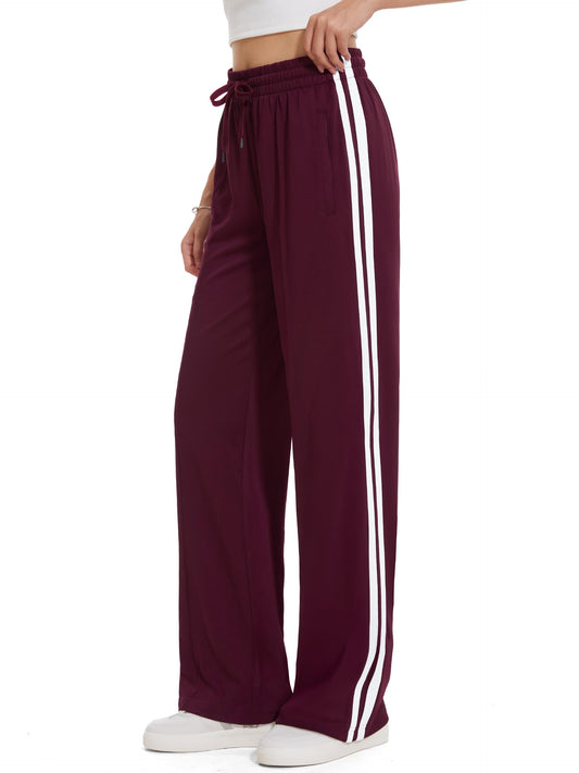 Tapata Extra Tall Woman 36" Inseam Stripes Sweat Pant High Waisted Drawstring Gym Exercise Lounge Joggers, Burgundy, XL