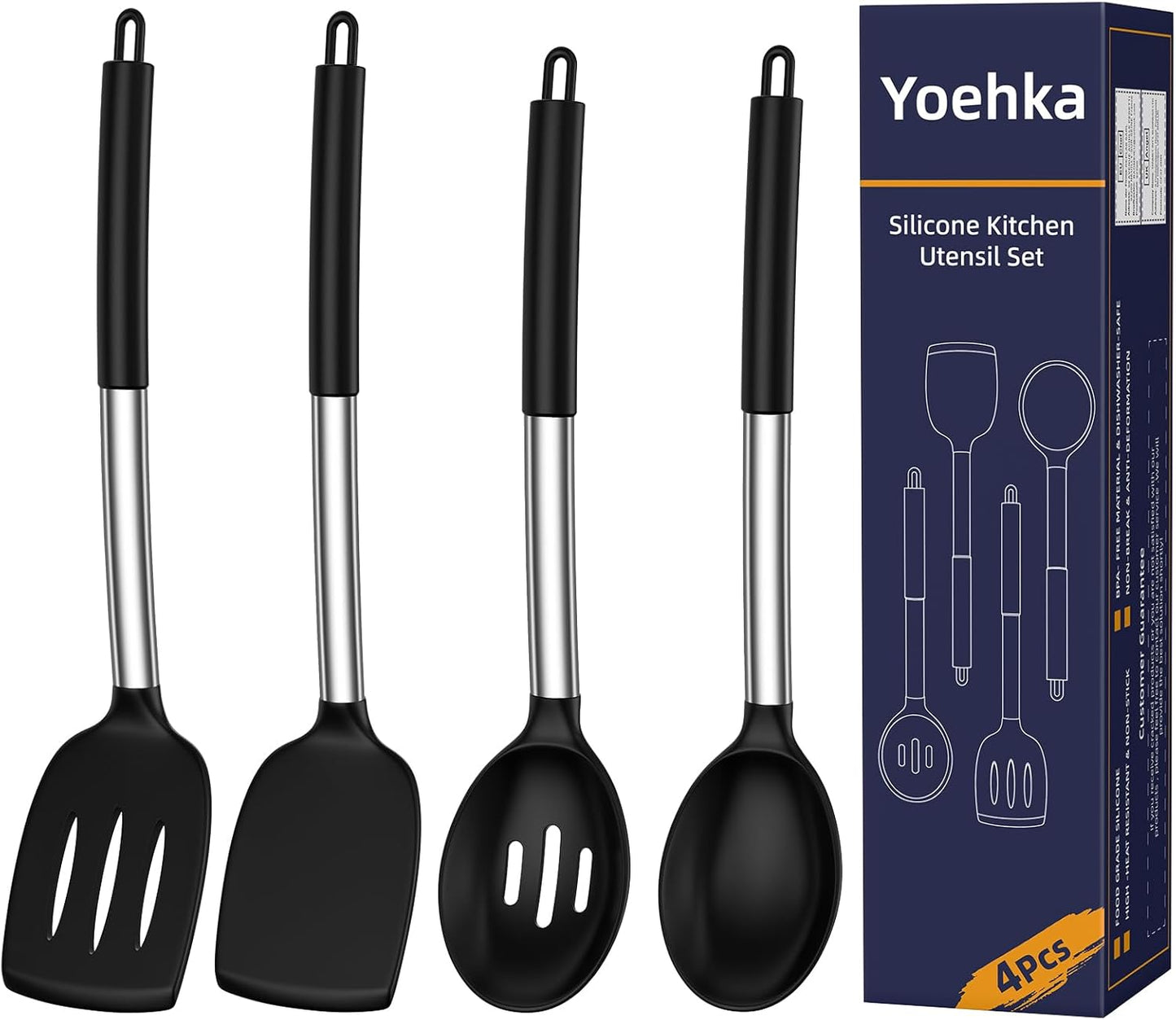 Yoehka Silicone Cooking Utensils Set - 4-Piece Heat Resistant Kitchen Tools for Nonstick Cookware | Black