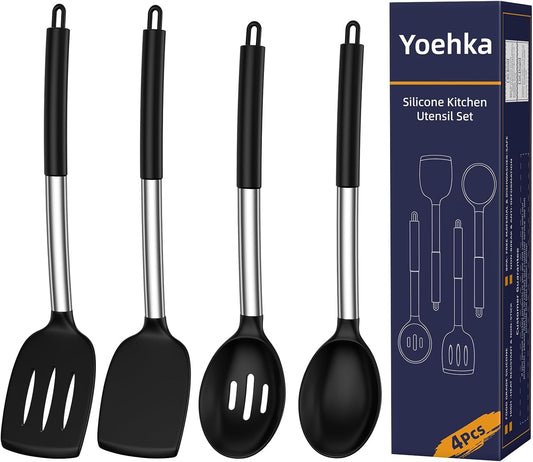 Yoehka Silicone Cooking Utensils Set - 4-Piece Heat Resistant Kitchen Tools for Nonstick Cookware | Black